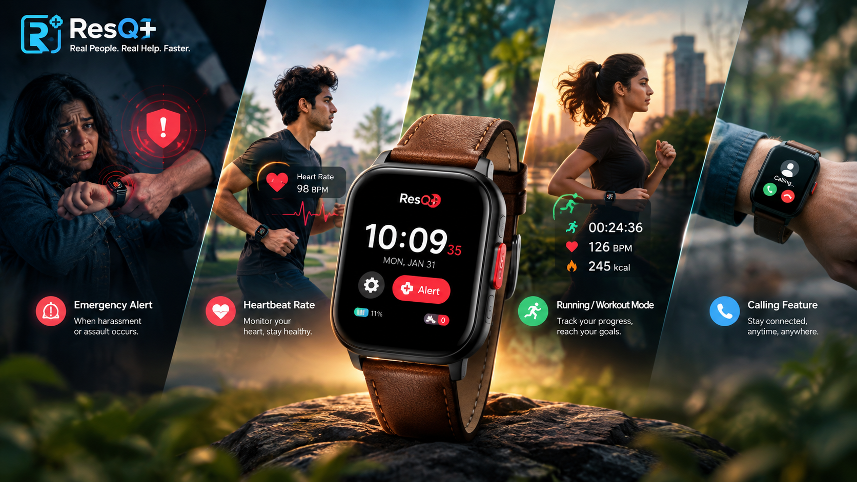 ResQ+ Smart Safety Wearable Technology — Emergency Alert, Heartbeat Rate Monitoring, Running Workout Mode, Calling Feature